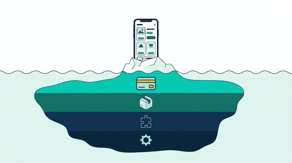 Celular con una tienda online como punta de un iceberg; bajo el agua, los costos que no se ven: medios de pago, envíos, apps y operación