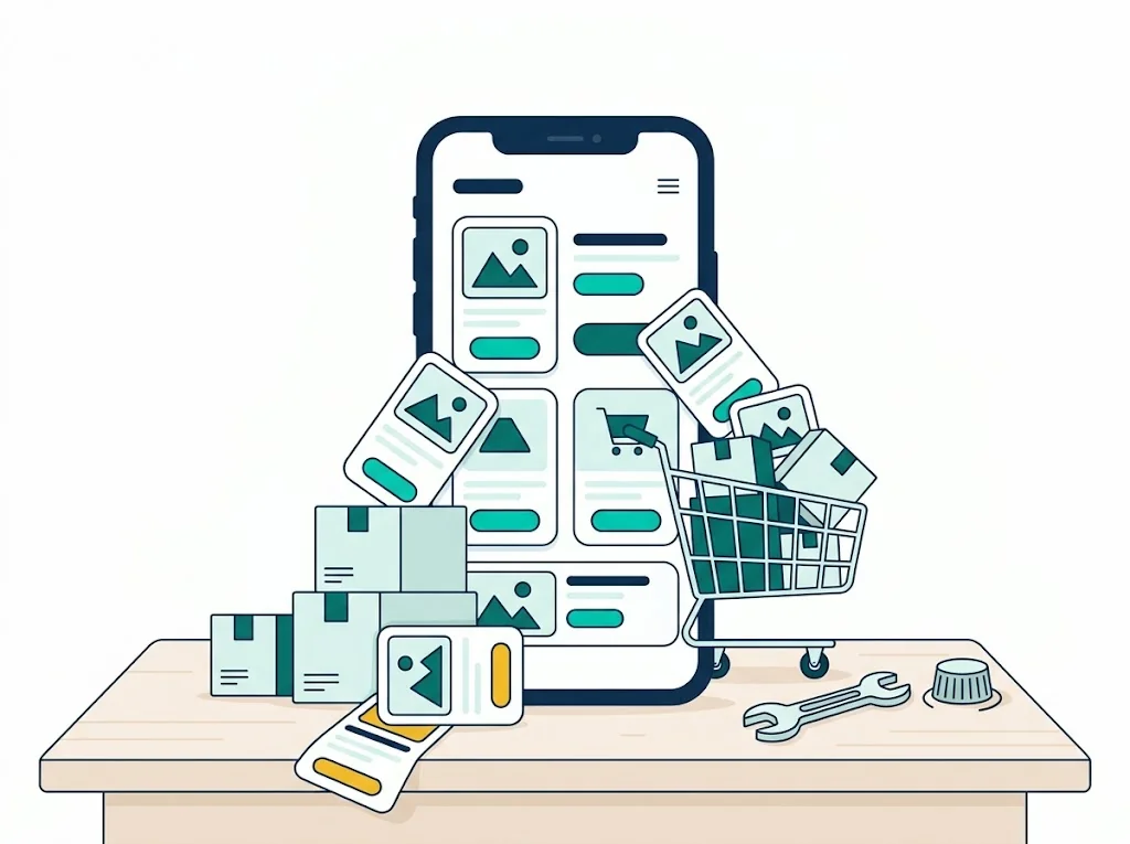 Tienda online que desborda la pantalla de un celular, junto a herramientas para ajustarla