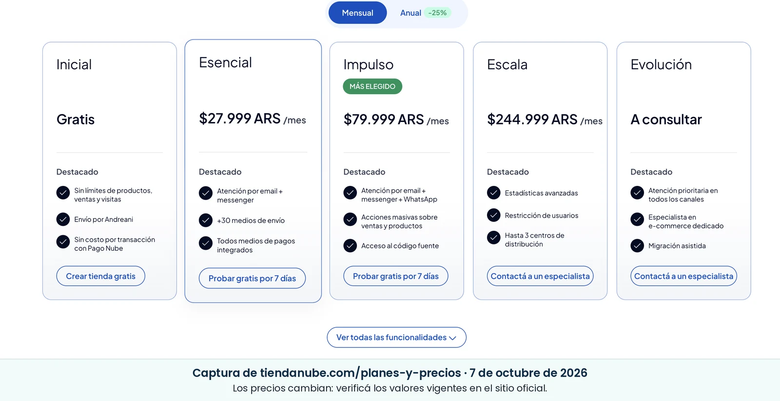 Planes de Tiendanube y sus funciones destacadas, según la página oficial el 7 de octubre de 2026